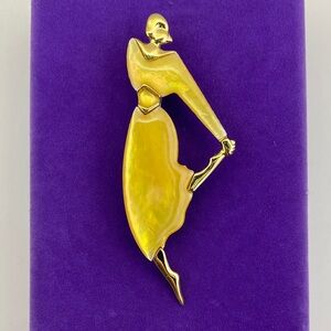 💛 Vintage Park Lane Yellow Mother of Pearl Lady Brooch | Dancing Silhouette